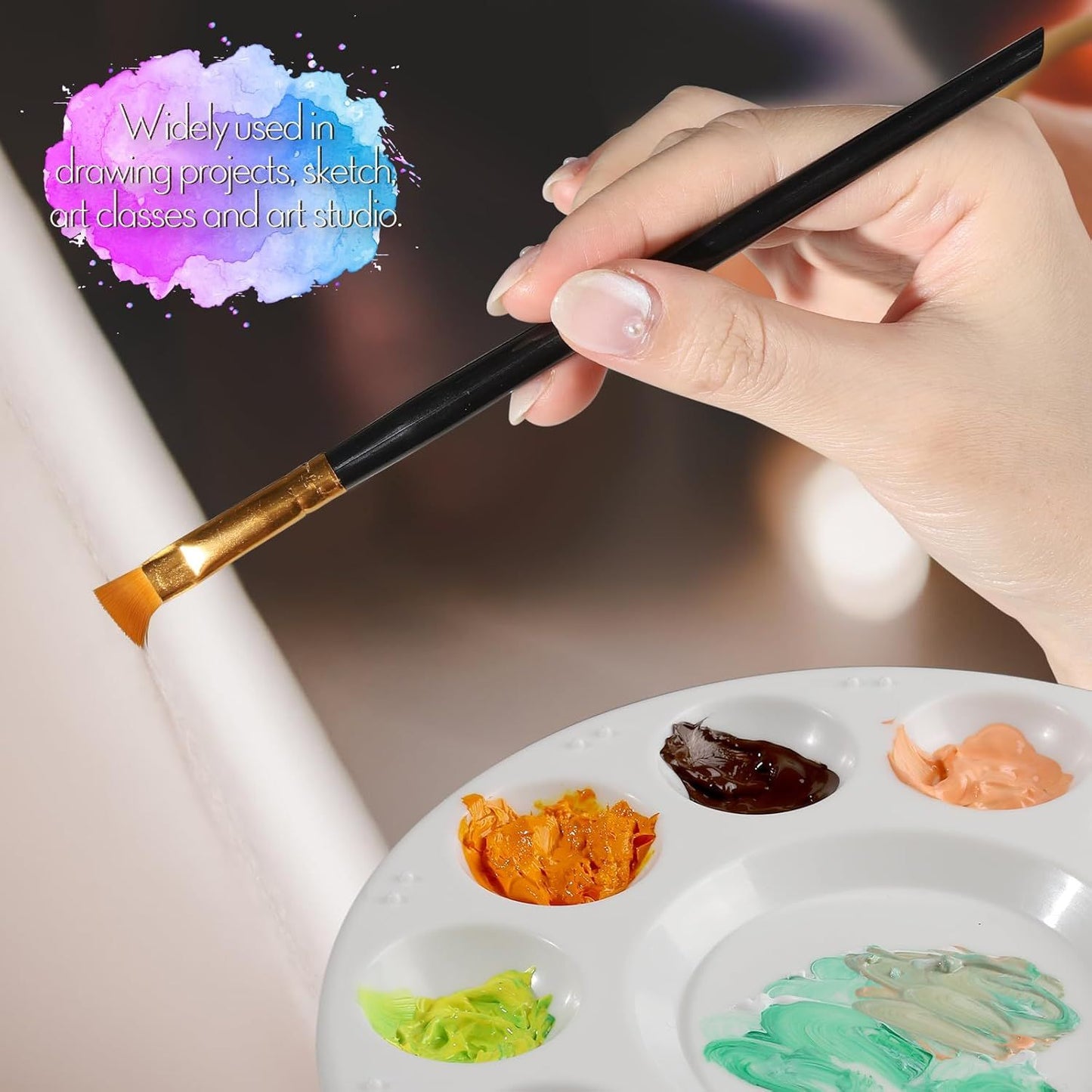 Round Paint Tray Palettes and Paint Brushes Set, Paintbrushes, 3 PCS Plastic Paint Palettes Pallets, 10 PCS Acrylic Paint Brushes, Nylon Hair Painting Brushes, or Acrylic Oil Watercolor