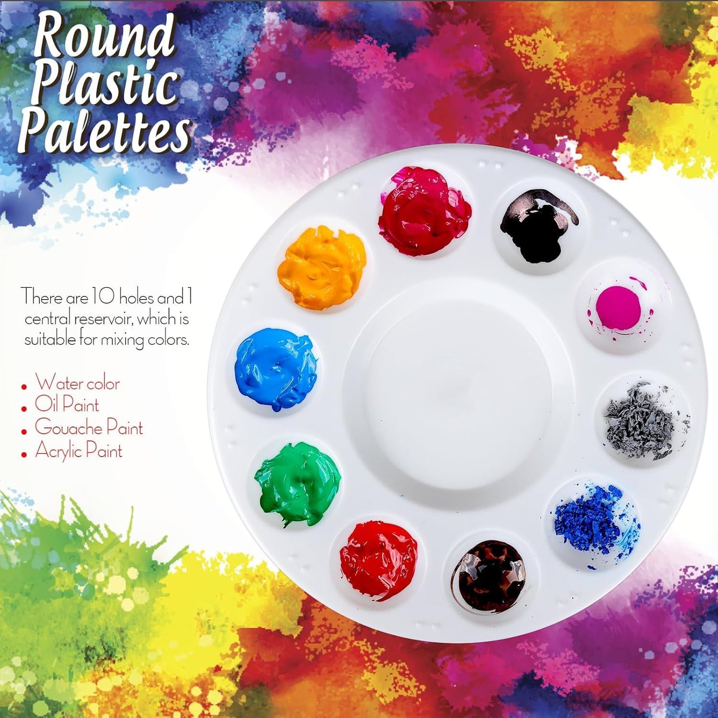 Round Paint Tray Palettes and Paint Brushes Set, Paintbrushes, 3 PCS Plastic Paint Palettes Pallets, 10 PCS Acrylic Paint Brushes, Nylon Hair Painting Brushes, or Acrylic Oil Watercolor