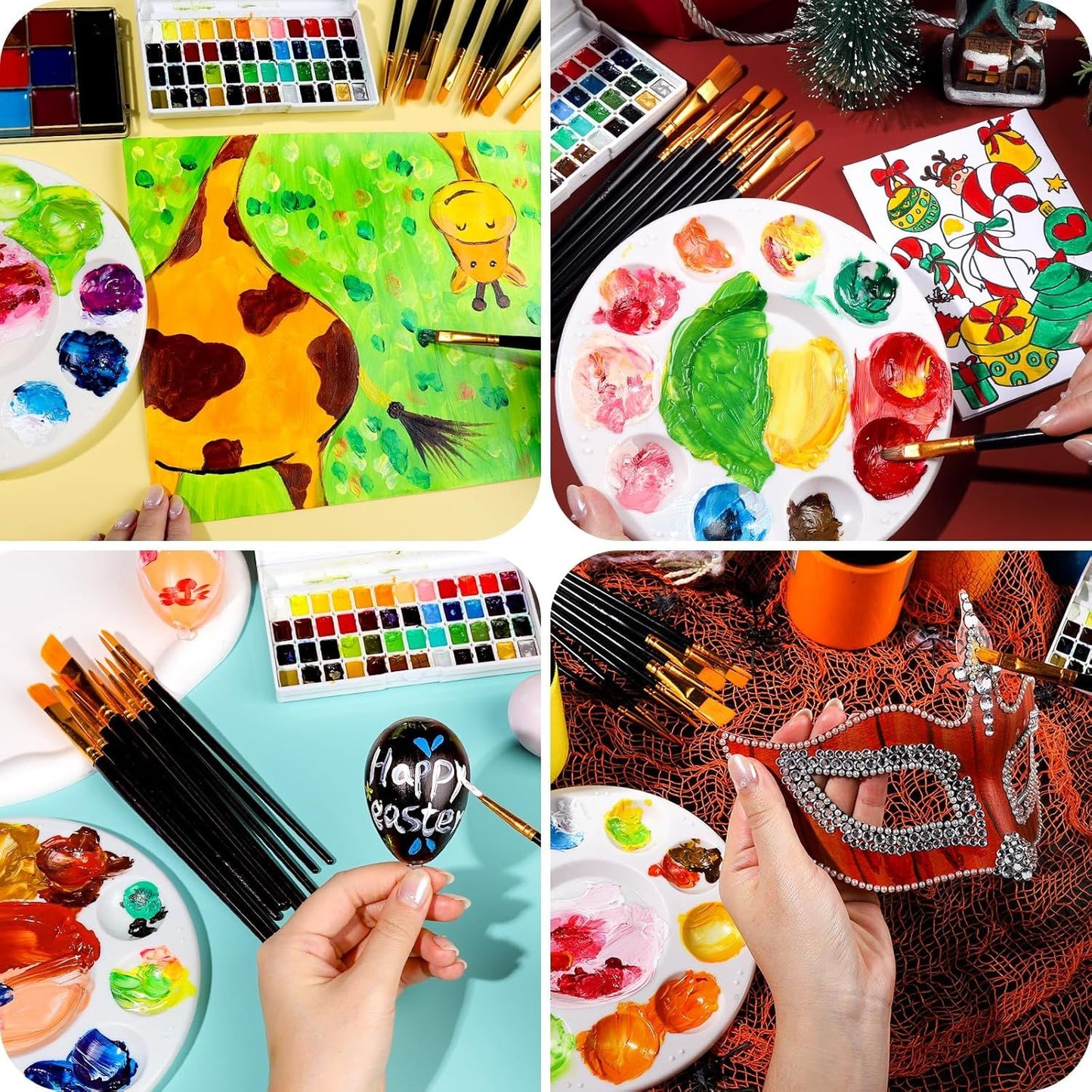 Round Paint Tray Palettes and Paint Brushes Set, Paintbrushes, 3 PCS Plastic Paint Palettes Pallets, 10 PCS Acrylic Paint Brushes, Nylon Hair Painting Brushes, or Acrylic Oil Watercolor