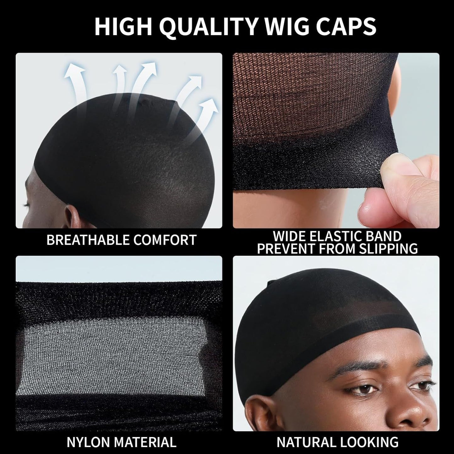 Wig Cap or Men, 4PCS Black Hair Stocking Cap, Nylon Wig Caps Black, Hair Net or Men, Stretchy, Natural, Lightweight Wave Caps