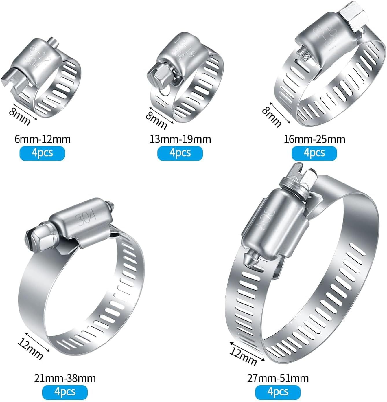 20Pcs Adjustable Stainless Steel Hose Clamps Assortment Kit, 1/4-2 in (6-51mm) Worm Gear Pipe, uel LineHeavy Duty or Plumbing, Washing Machine, Mechanical，Garden and Automotive Hose Connections