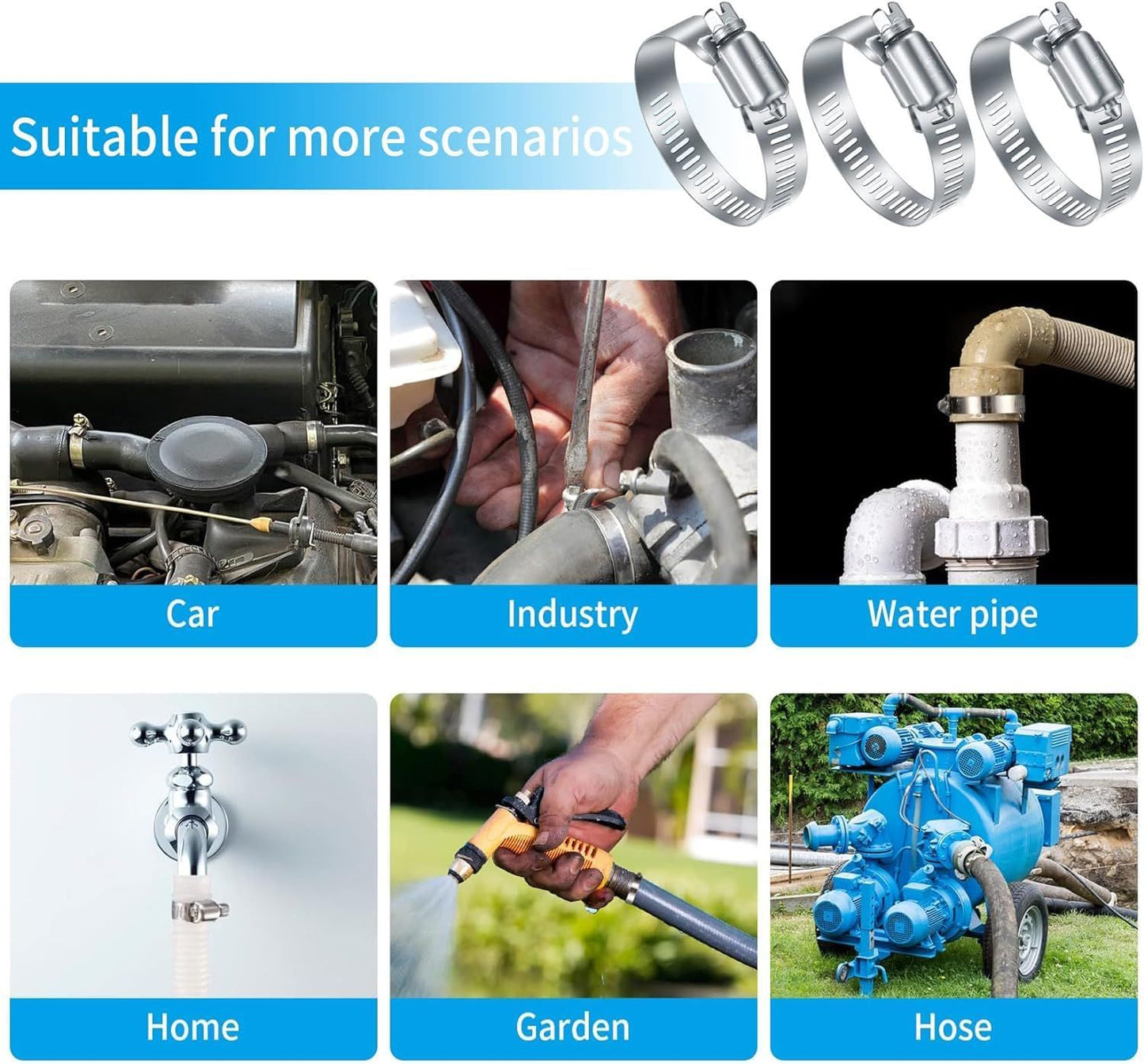 20Pcs Adjustable Stainless Steel Hose Clamps Assortment Kit, 1/4-2 in (6-51mm) Worm Gear Pipe, uel LineHeavy Duty or Plumbing, Washing Machine, Mechanical，Garden and Automotive Hose Connections