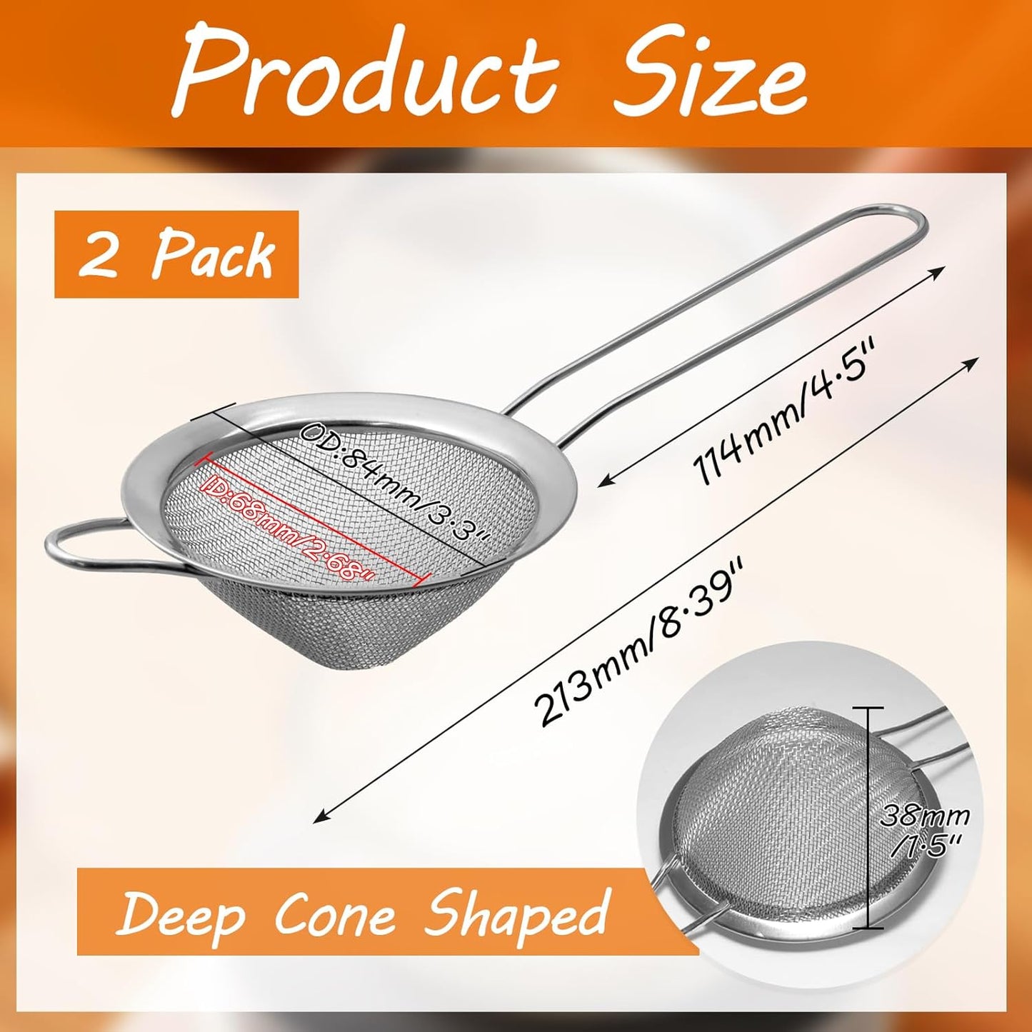 Biaungdo 2 Pcs 8.5 cm/3.3 Inch Fine Mesh Strainer, Stainless Steel Tea Strainer Conical Mesh Strainers Sieve for Cocktail, Coffee, Food, Noodles, Tea Filter(Small)