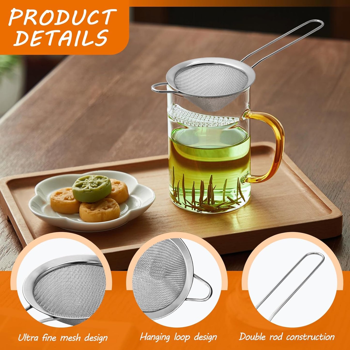 Biaungdo 2 Pcs 8.5 cm/3.3 Inch Fine Mesh Strainer, Stainless Steel Tea Strainer Conical Mesh Strainers Sieve for Cocktail, Coffee, Food, Noodles, Tea Filter(Small)