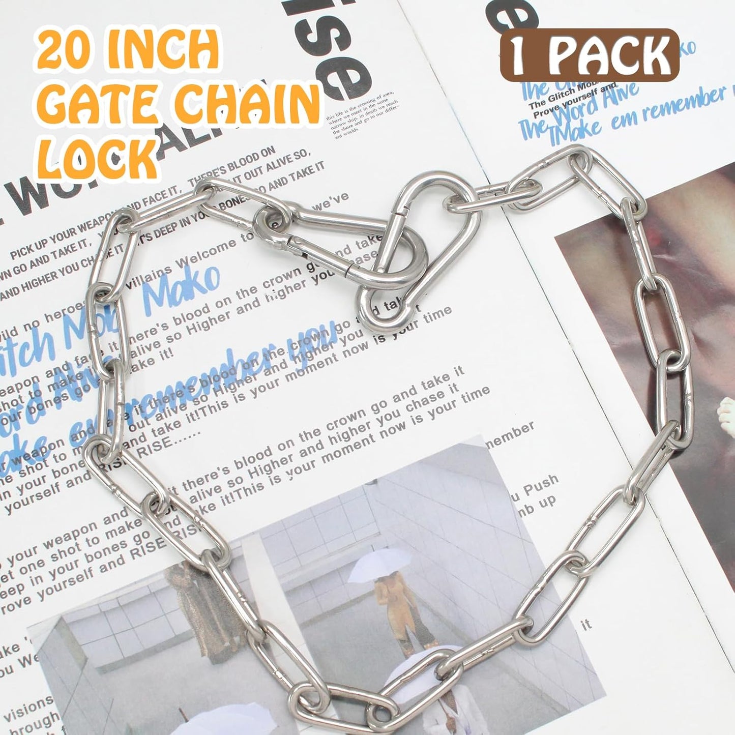 Biaungdo 20 Inch Gate Chain Lock, Chain Link Lock Fence Gate Latch with Carabiner, Stainless Steel Chain Link Gate Lock for Outdoor Fence, Livestock Gate, Yard