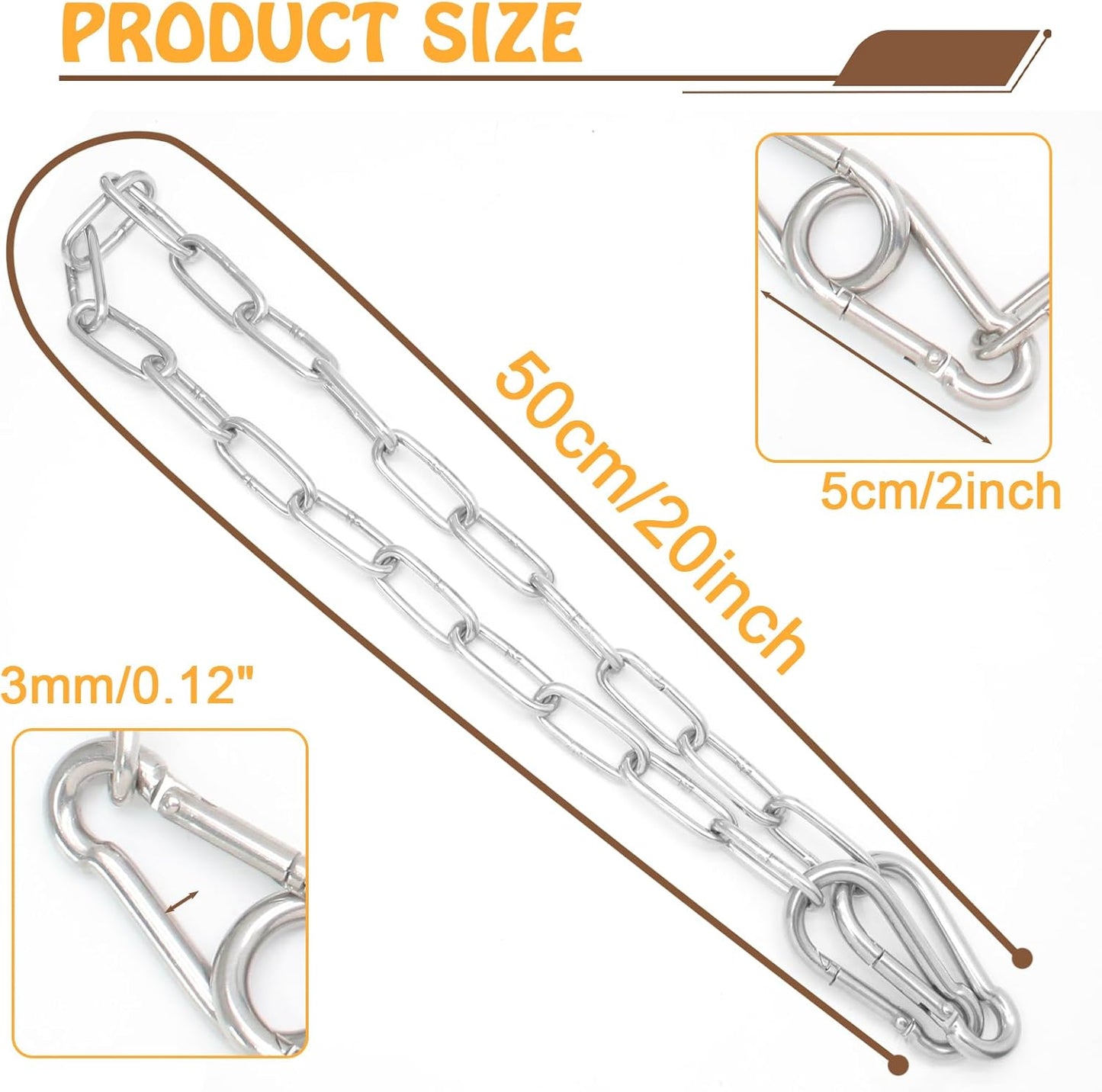 Biaungdo 20 Inch Gate Chain Lock, Chain Link Lock Fence Gate Latch with Carabiner, Stainless Steel Chain Link Gate Lock for Outdoor Fence, Livestock Gate, Yard