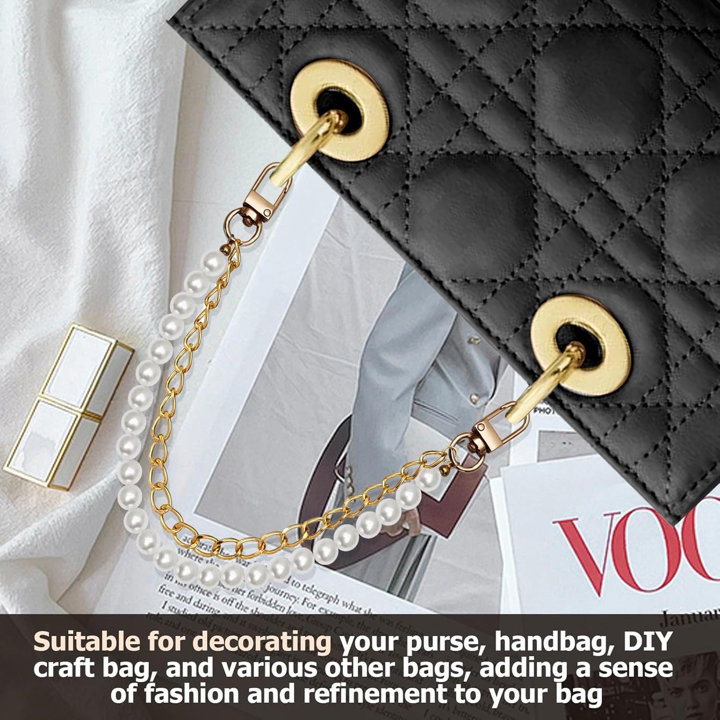 Biaungdo Pearl Purse Chain, Luxury Gold Handbag Straps Replacement, Pearl Bag Charm Chain Strap Short Purse Handles Clutches Handles for DIY Crafts Bags