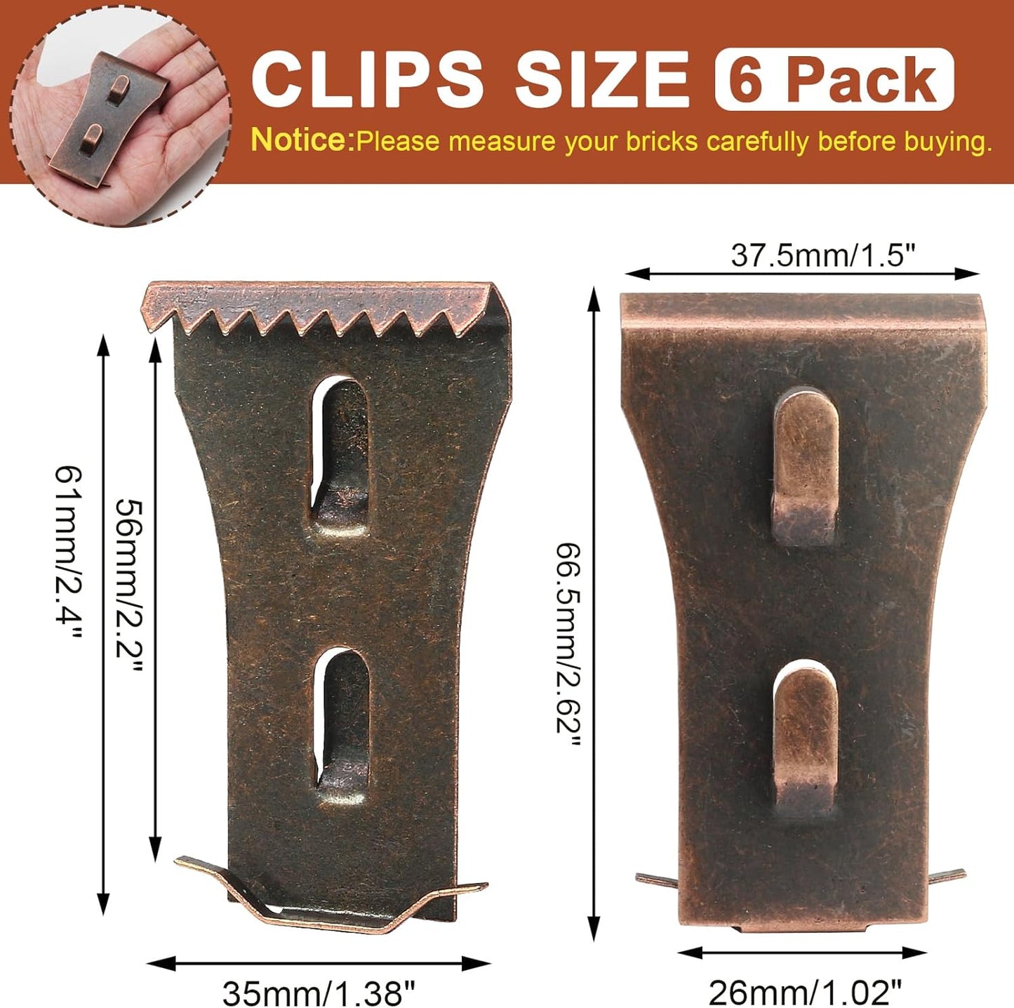 Biaungdo 6 Pcs Brick Wall Clips, Steel Brick Hook Clips, Heavy Duty Brick Hanger for Hanging Outdoors, Metal Brick Wall Hangers Outside Home Decor for 2-1/4 to 2-3/8 inches Bricks(Red Bronze)
