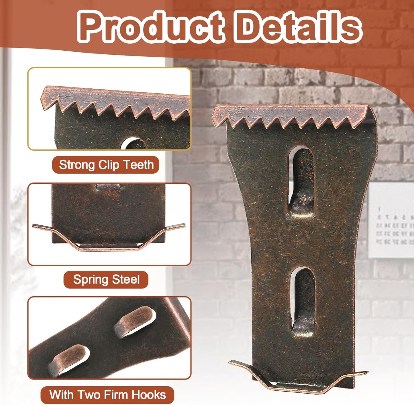 Biaungdo 6 Pcs Brick Wall Clips, Steel Brick Hook Clips, Heavy Duty Brick Hanger for Hanging Outdoors, Metal Brick Wall Hangers Outside Home Decor for 2-1/4 to 2-3/8 inches Bricks(Red Bronze)