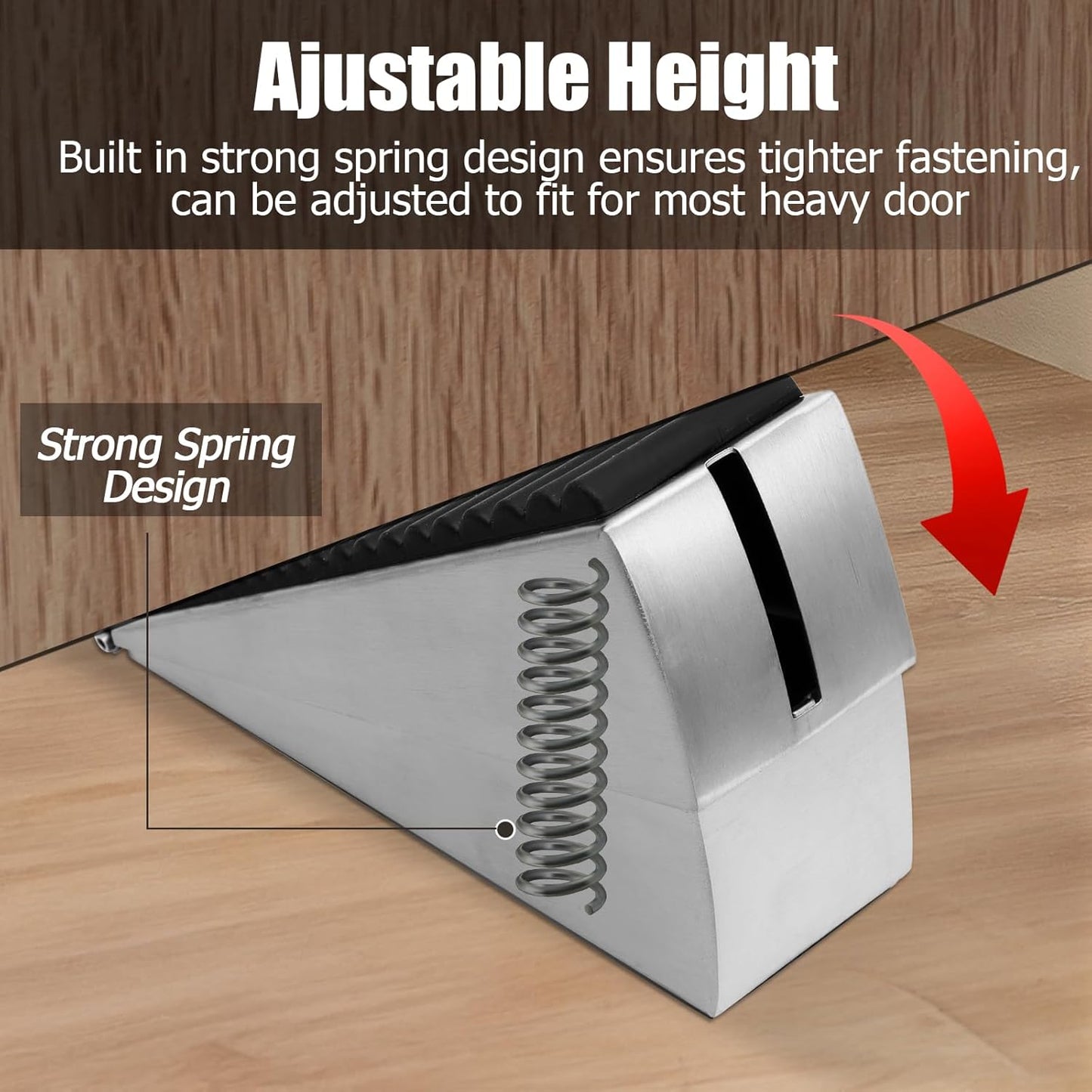 Biaungdo 1 Pack Heavy Duty Door Stopper, Up to 3 Inch Tall Adjustable Spring Loaded Large Door Stopper Wedge Stoppers Stainless Steel Doorstop for Bottom of Door(Brushed Nickel)