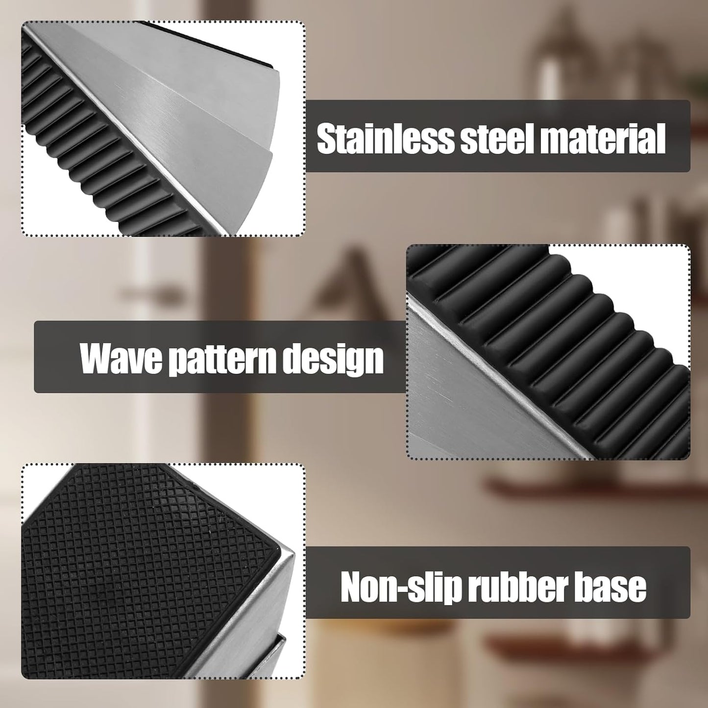 Biaungdo 1 Pack Heavy Duty Door Stopper, Up to 3 Inch Tall Adjustable Spring Loaded Large Door Stopper Wedge Stoppers Stainless Steel Doorstop for Bottom of Door(Brushed Nickel)