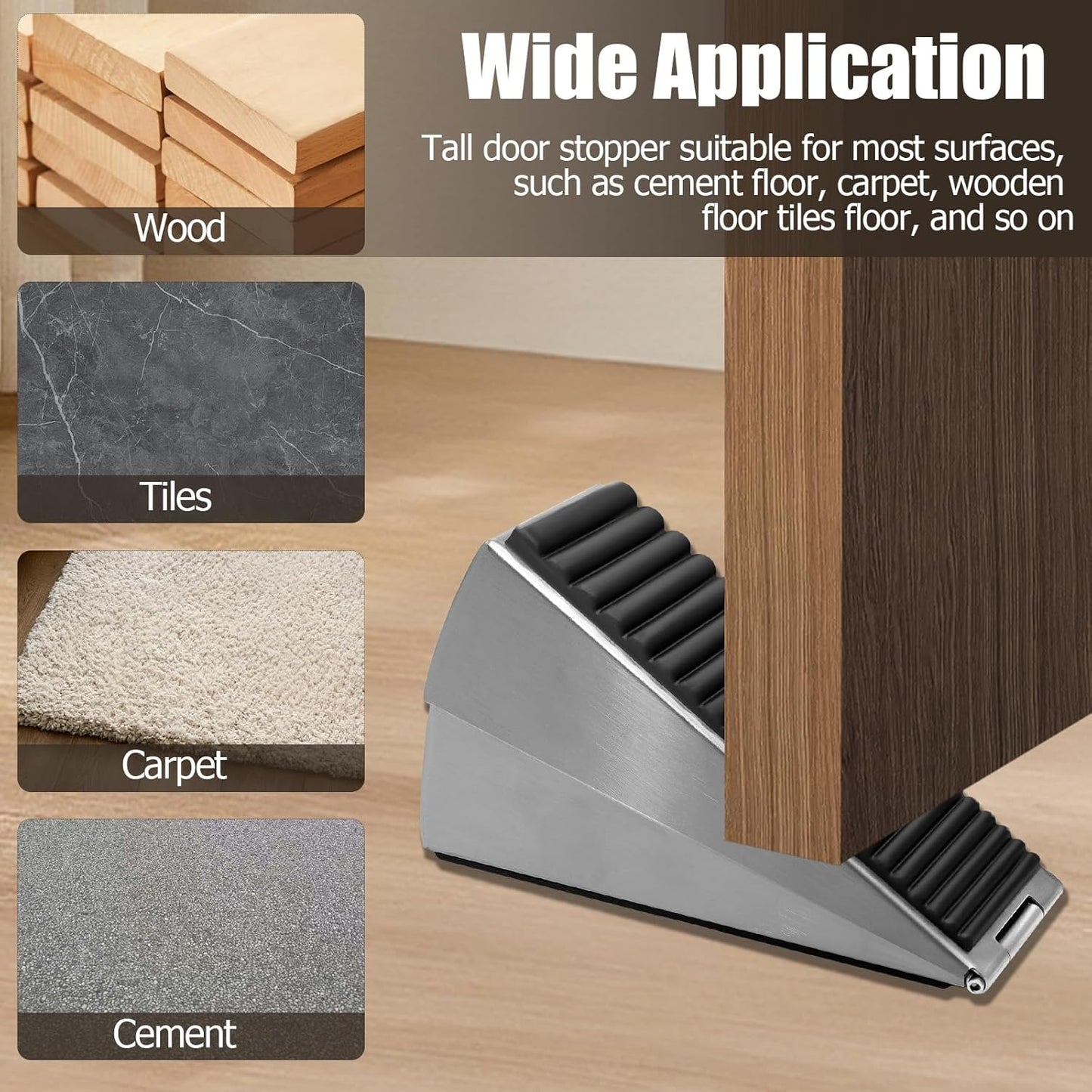 Biaungdo 1 Pack Heavy Duty Door Stopper, Up to 3 Inch Tall Adjustable Spring Loaded Large Door Stopper Wedge Stoppers Stainless Steel Doorstop for Bottom of Door(Brushed Nickel)