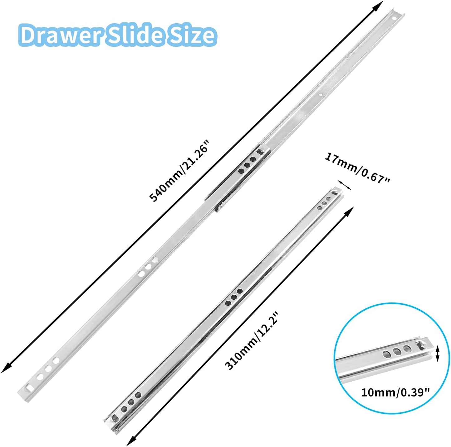 Biaungdo 2 Pcs Drawer Slides, 12"/310mm Metal Ball Bearing Side Mount Drawer Slide, Two Way Slide Track Rail for Drawer, 10kg/22.05" Strong Bearing Capacity, Bright Silver, with Fixing Screw