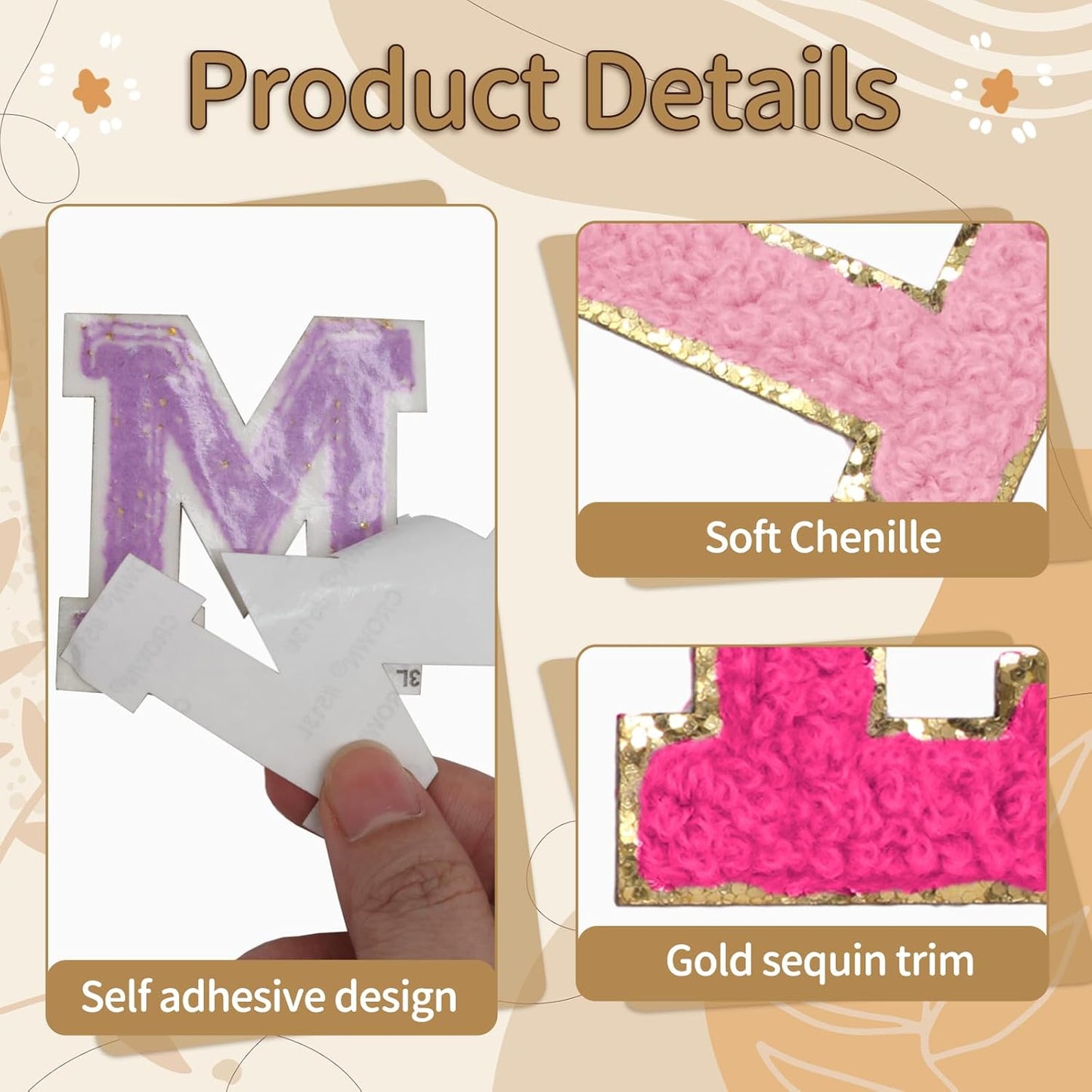 Biaungdo Self Adhesive Chenille Letter Patches, 6 Pcs 2 Inch Varsity Letter Patches Iron on Letter Patches Chenille Patch Large Letter Stickers for Clothes Hats DIY Supplies(Mixed Color, M)