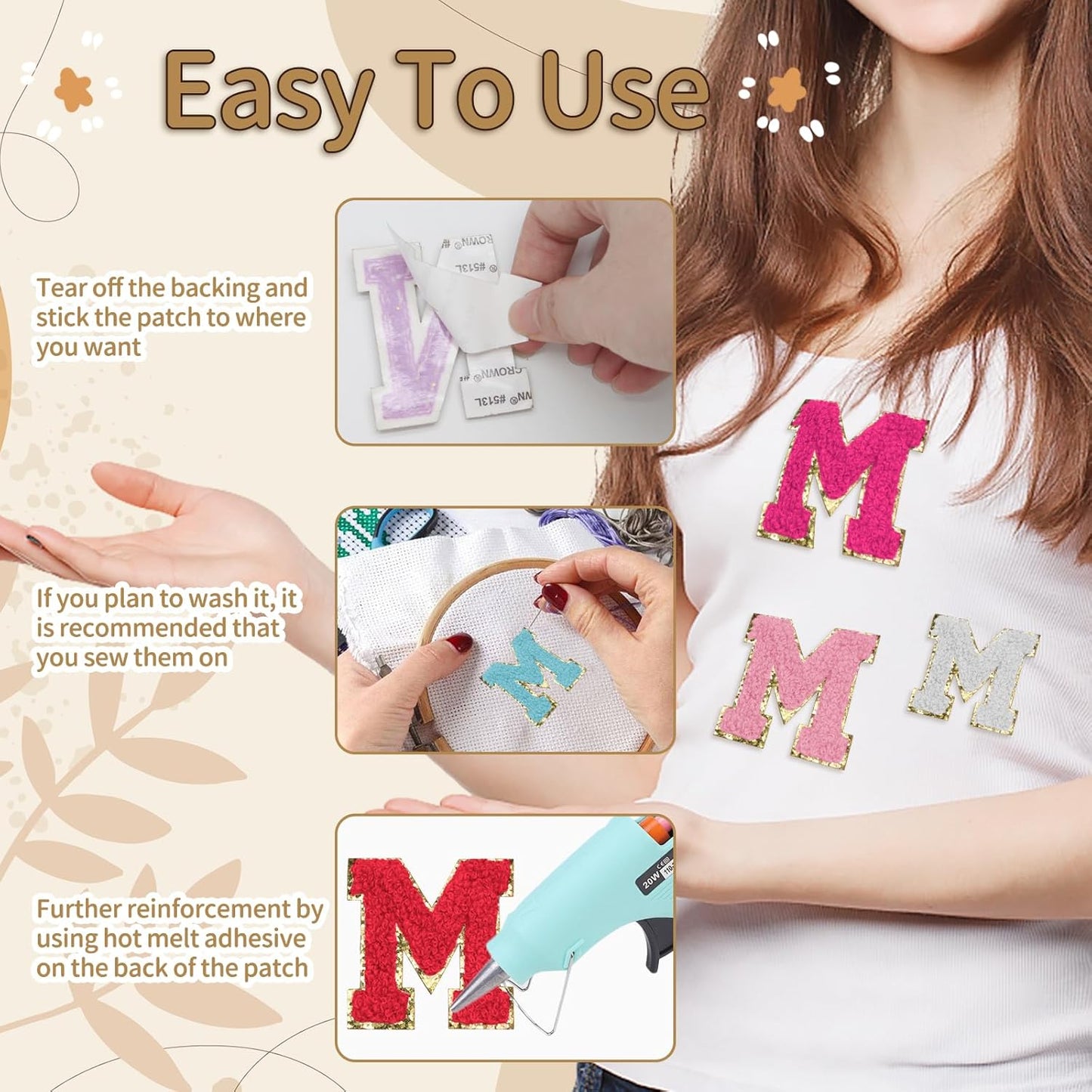 Biaungdo Self Adhesive Chenille Letter Patches, 6 Pcs 2 Inch Varsity Letter Patches Iron on Letter Patches Chenille Patch Large Letter Stickers for Clothes Hats DIY Supplies(Mixed Color, M)