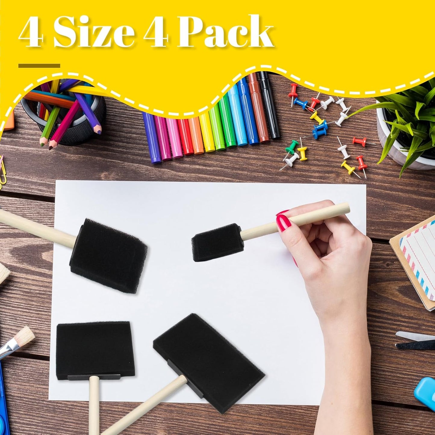 Biaungdo 4 Pcs 4 Sizes Foam Paint Brushes, Foam Sponge Brush for Painting, Sponge Paint Brushes with Wood Handle for Varnishes, Staining, DIY Crafting
