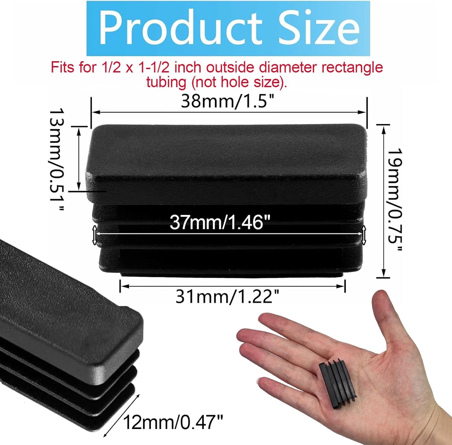 Biaungdo 24 Pack Rectangle Plastic Chair Leg Caps, 1/2" x 1-1/2" Tubing Glide End Insert Plug Cap Cove, Flexible Chair Leg Floor Protectors for Chair, Desk, Tube (Black)
