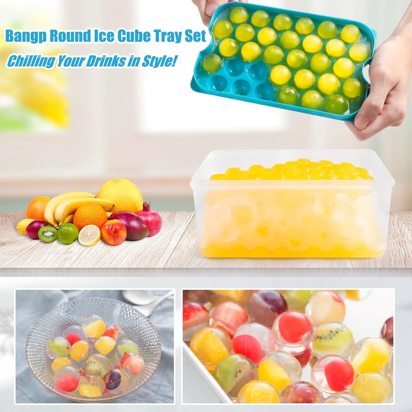 Bangp Ice Cube Tray with Lid and Bin,3 Pack Round Ice Trays for Freezer with Lid,96PCS 0.8" Ice Balls for Chilling Drinks Coffee Juice,Ice Cube Trays for Freezer with Ice Container,Ice Scoop & Tongs