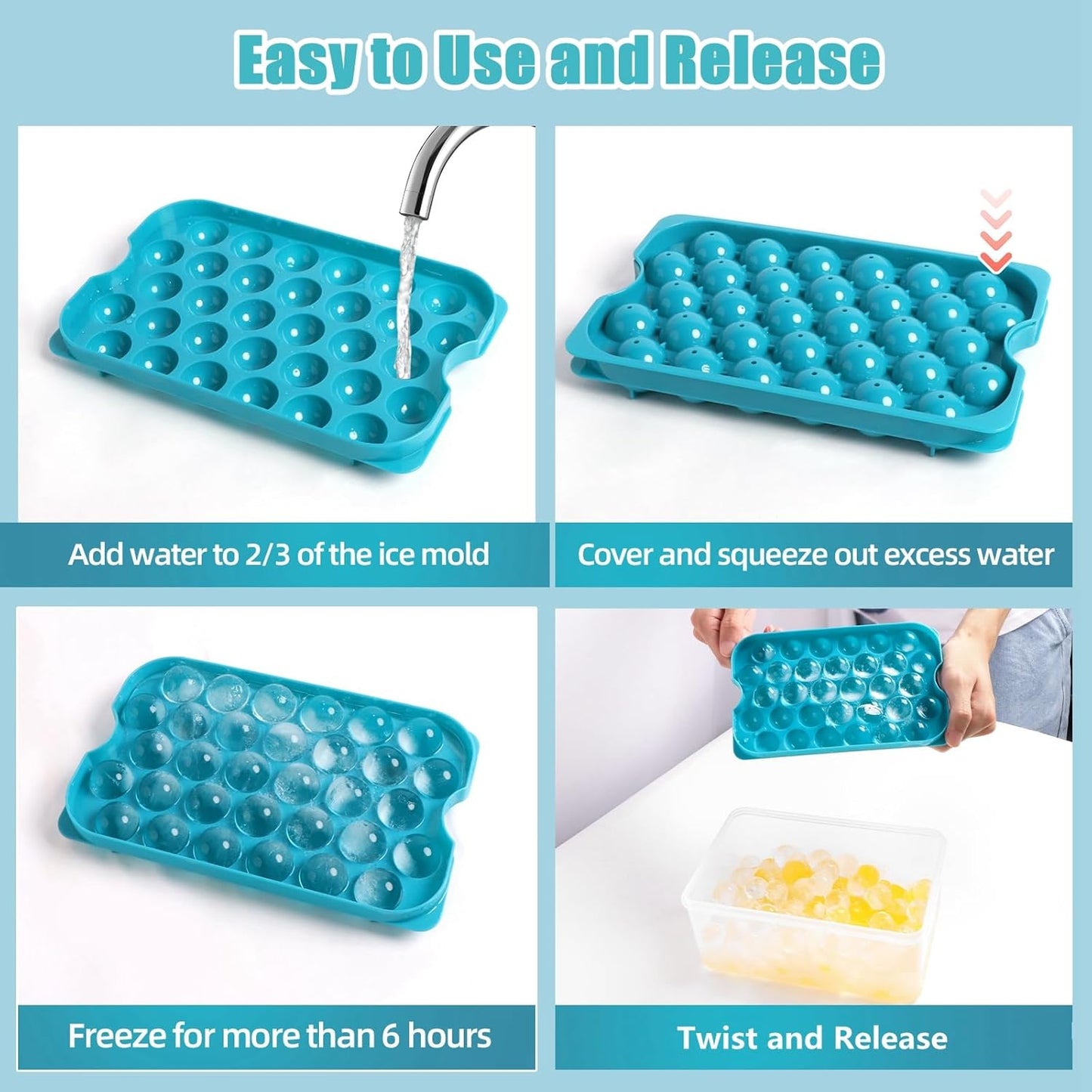 Bangp Ice Cube Tray with Lid and Bin,3 Pack Round Ice Trays for Freezer with Lid,96PCS 0.8" Ice Balls for Chilling Drinks Coffee Juice,Ice Cube Trays for Freezer with Ice Container,Ice Scoop & Tongs
