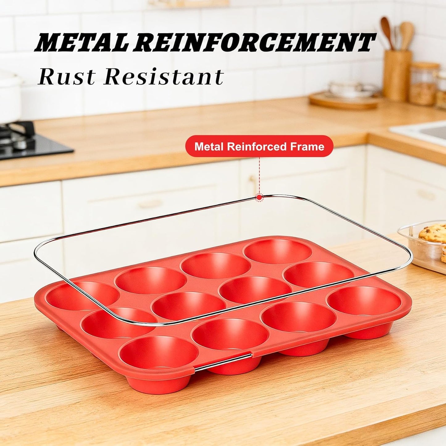 2Pack Silicone Muffin Pans with Metal Reinforced Frame,12 Cup Regular Size Silicone Cupcake Pan,Muffin Tin,Nonstick Cupcake Baking Molds for Muffins,Cupcakes,Egg Bites,BPA Free (2Pack Red)