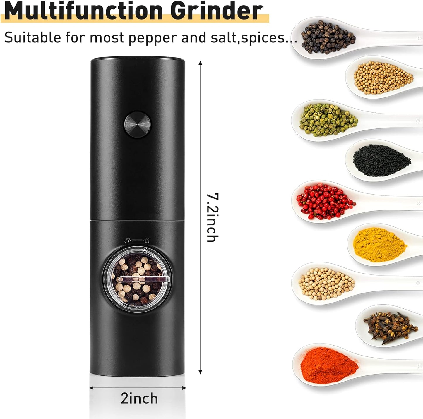 Electric Pepper Grinder or Salt Mill, Battery Powered Automatic Pepper Mill, Ceramic Grinder with Adjustable Coarseness, LED Light, One Hand Operation (1 pack)