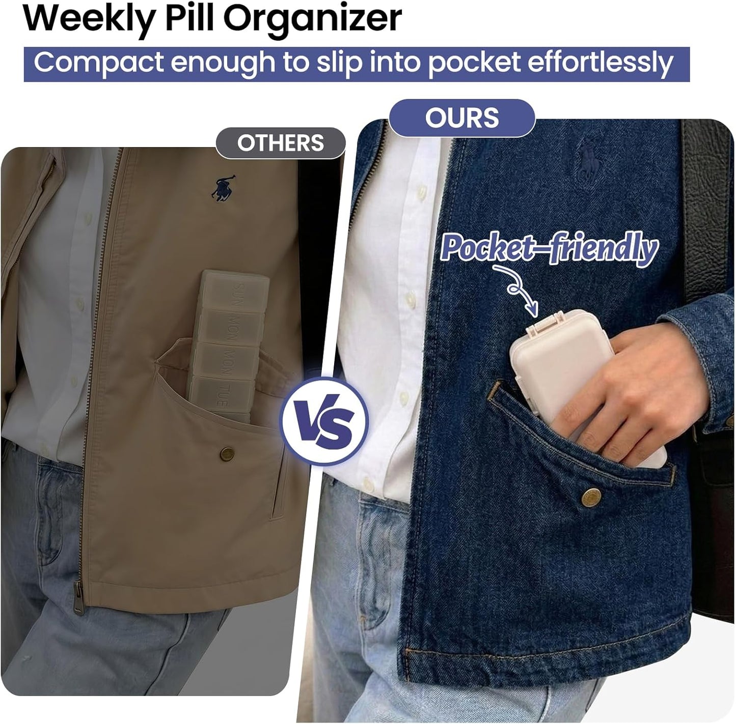 NEW Foldable Weekly Pill Organizer with Extra Grid, Portable 7 Day Pill Box Once / 1 Time a Day, Week Daily Medicine Organizer - Large Travel Pill Case Holder Dispenser for Vitamin, Supplement-Khaki