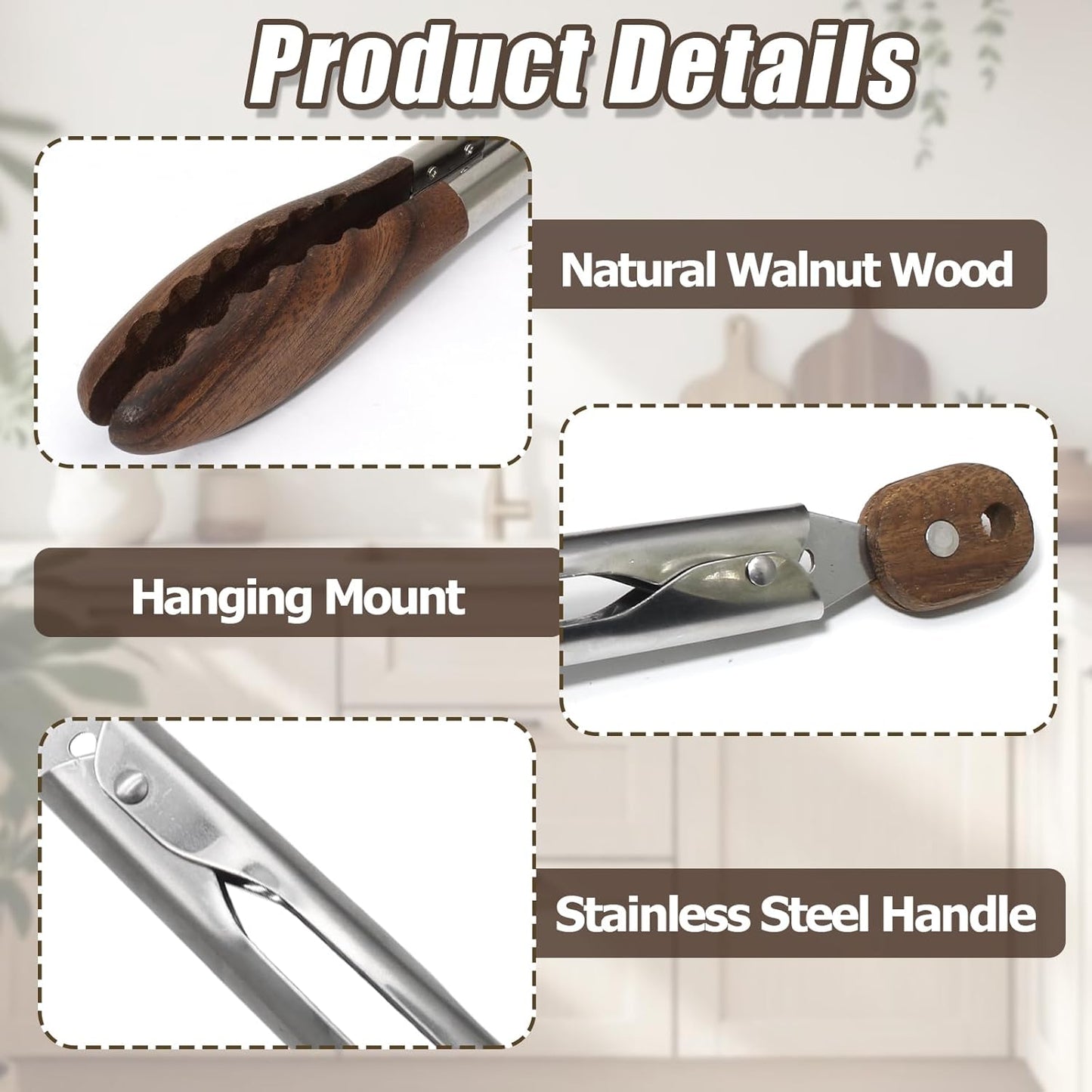 Biaungdo Wooden Tongs for Cooking, 9 Inch Walnut Wooden kitchen Tongs, Stainless Steel Salad Tong with Wood Tip for Serving Food, Grilling, Cooking Utensils Set (Pull Lock)