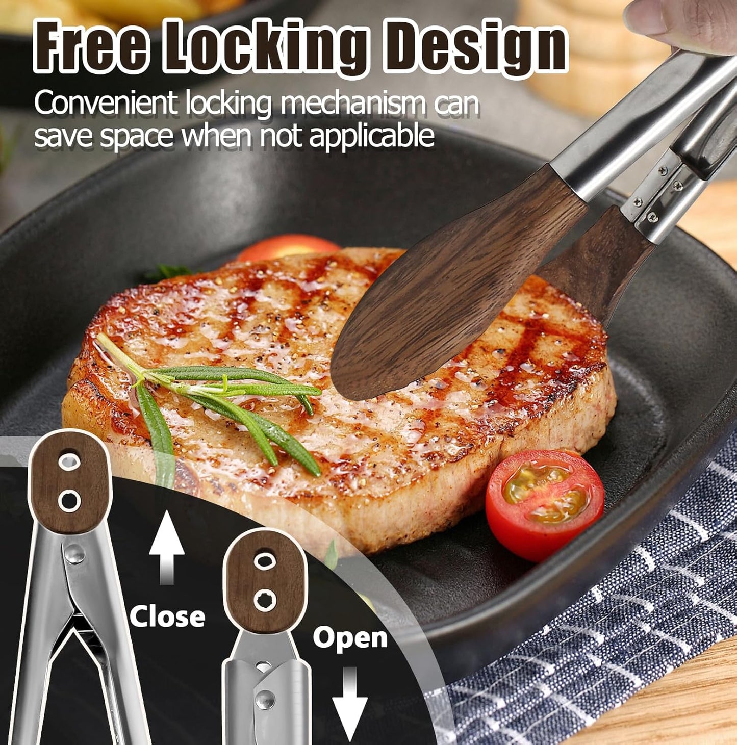 Biaungdo Wooden Tongs for Cooking, 9 Inch Walnut Wooden kitchen Tongs, Stainless Steel Salad Tong with Wood Tip for Serving Food, Grilling, Cooking Utensils Set (Pull Lock)
