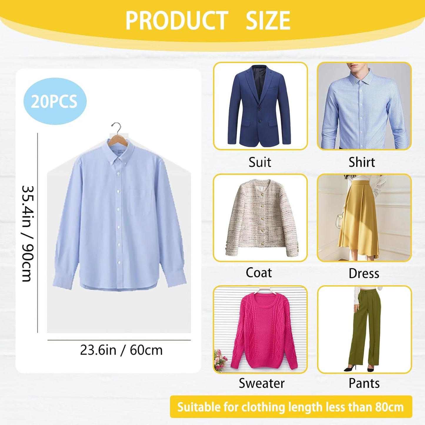20Pcs Plastic Garment Bags for Hanging Clothes, 35 Inch Clear Dry Cleaner Bags Dustproof Suit Cover Clothes Storage Bag for Skirt Coat Shirt Jacket (60 x 90cm)