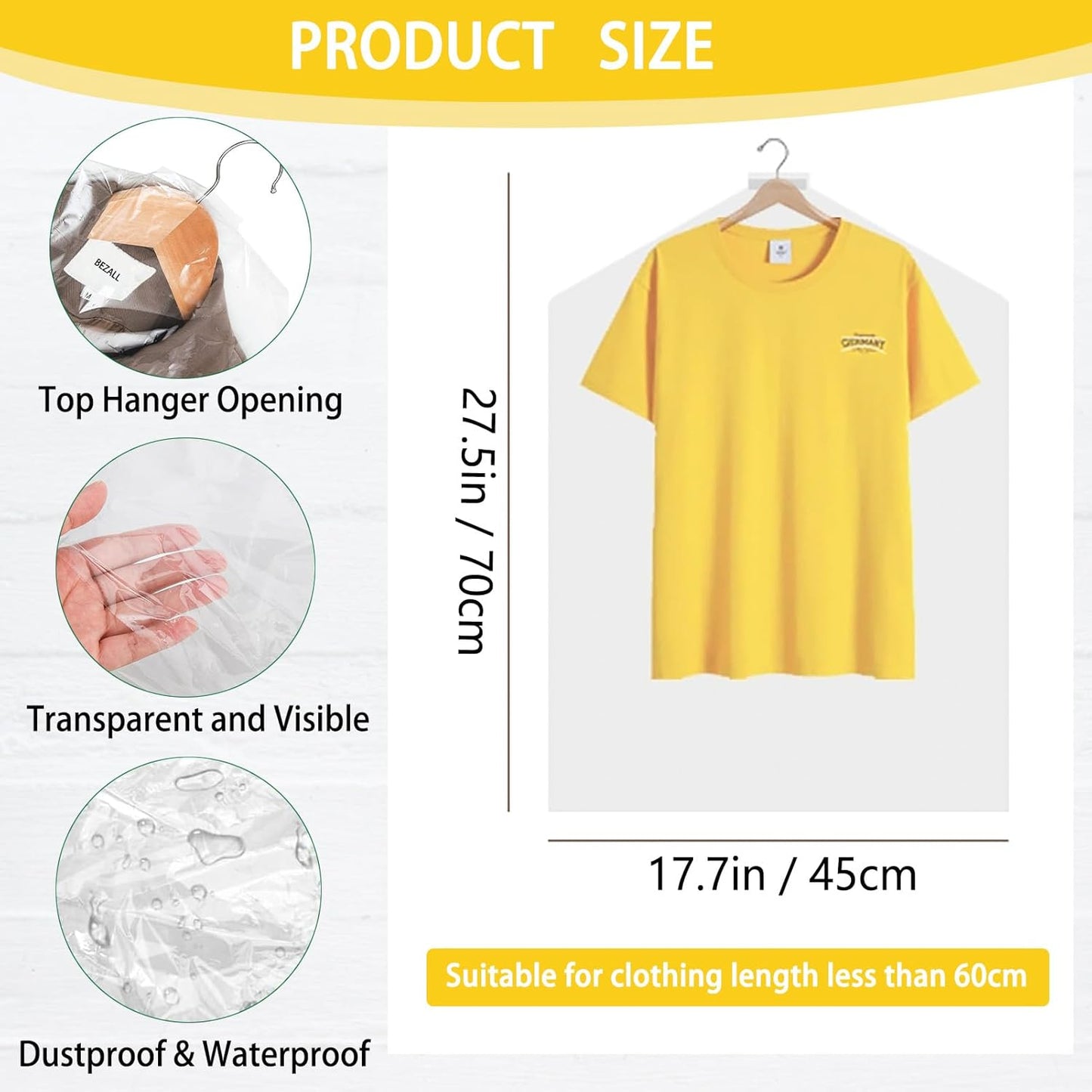 20Pcs Plastic Garment Bags for Children Clothes, 27.5 Inch Clear Dry Cleaning Bags Hanging Plastic Dust-proof Suit Garment Covers for Dry Cleaner, Home Storage, Travel
