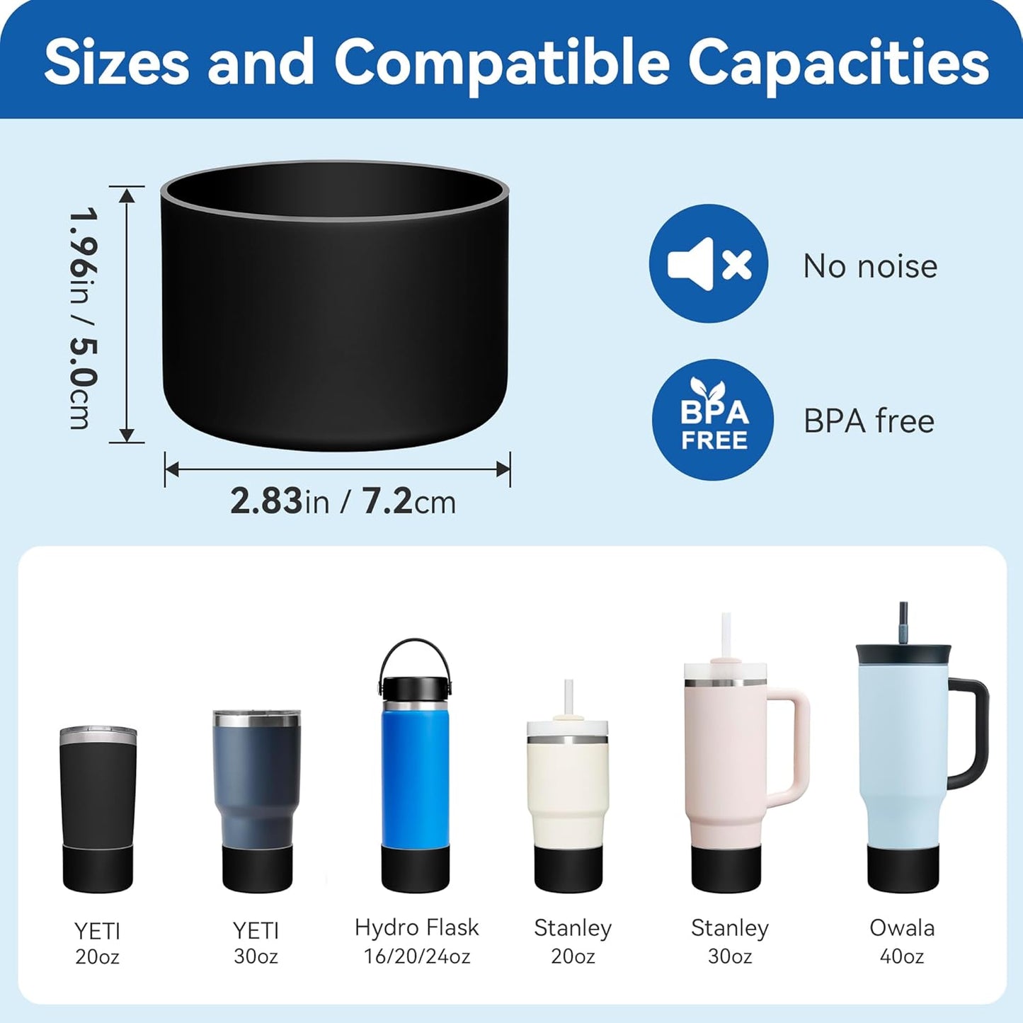 2 Pack Silicone Boot Protectors | Compatible with YETI Rambler 20/30oz, 10oz Tumbler, 20/30oz Travel Mugs | Universal Fit for 2.75-2.85" Base | BPA-Free | Dishwasher Safe (Black)