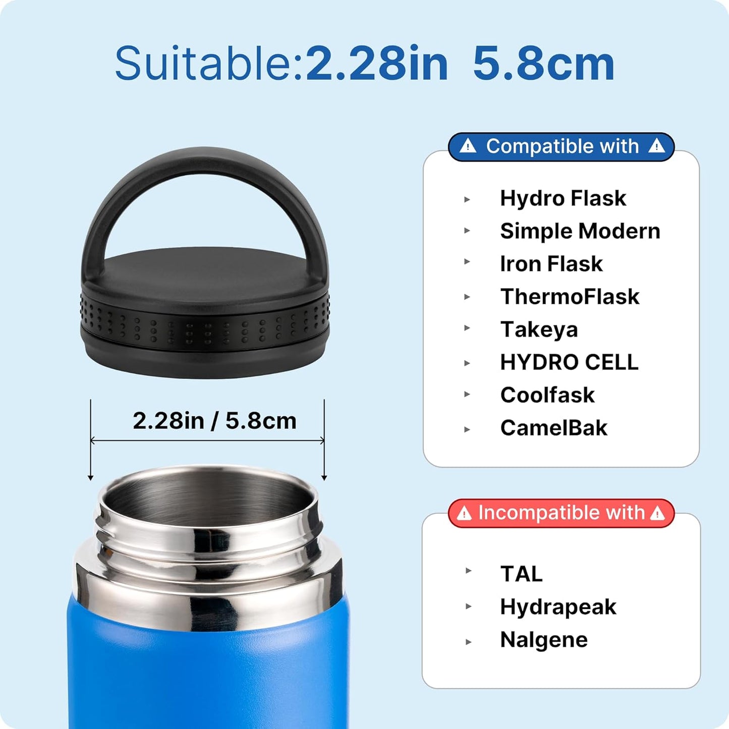 Lid for Hydro Flask12 16 18 20 32 40 64oz Wide Mouth Bottle, Replacement lid for Thermoflask,Iron Flask,Takeya and More 2.28" Wide Mouth Bottles