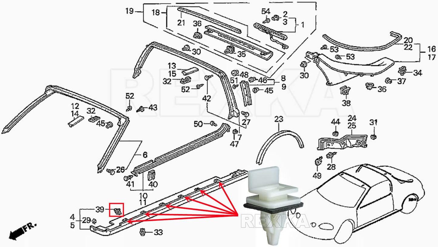 Rexka 20pcs Rocker Panel Moulding Clip for Honda Acura 91513-SM4-000 Accord, Civic, Civic Del Sol, Cr-v, Element, Odyssey, Pilot, Prelude, CL, Integra, Legend, MDX, RL, RSX, TL, TSX, Vigor