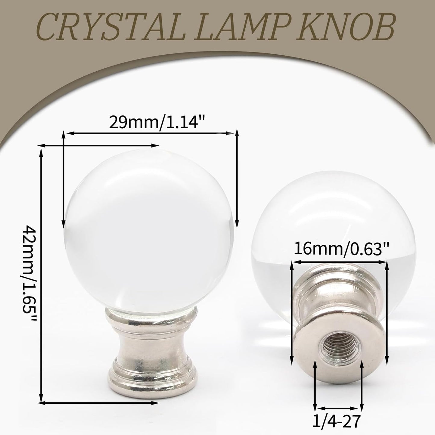 Biaungdo 2 Pack Glass Crystal Lamp Finial, Clear Lamp Finial Cap Knob Glass Ball Lamp Screw Top Lamp Decoration for Lamp Shade, with 1/4-27 Inch Silver Base