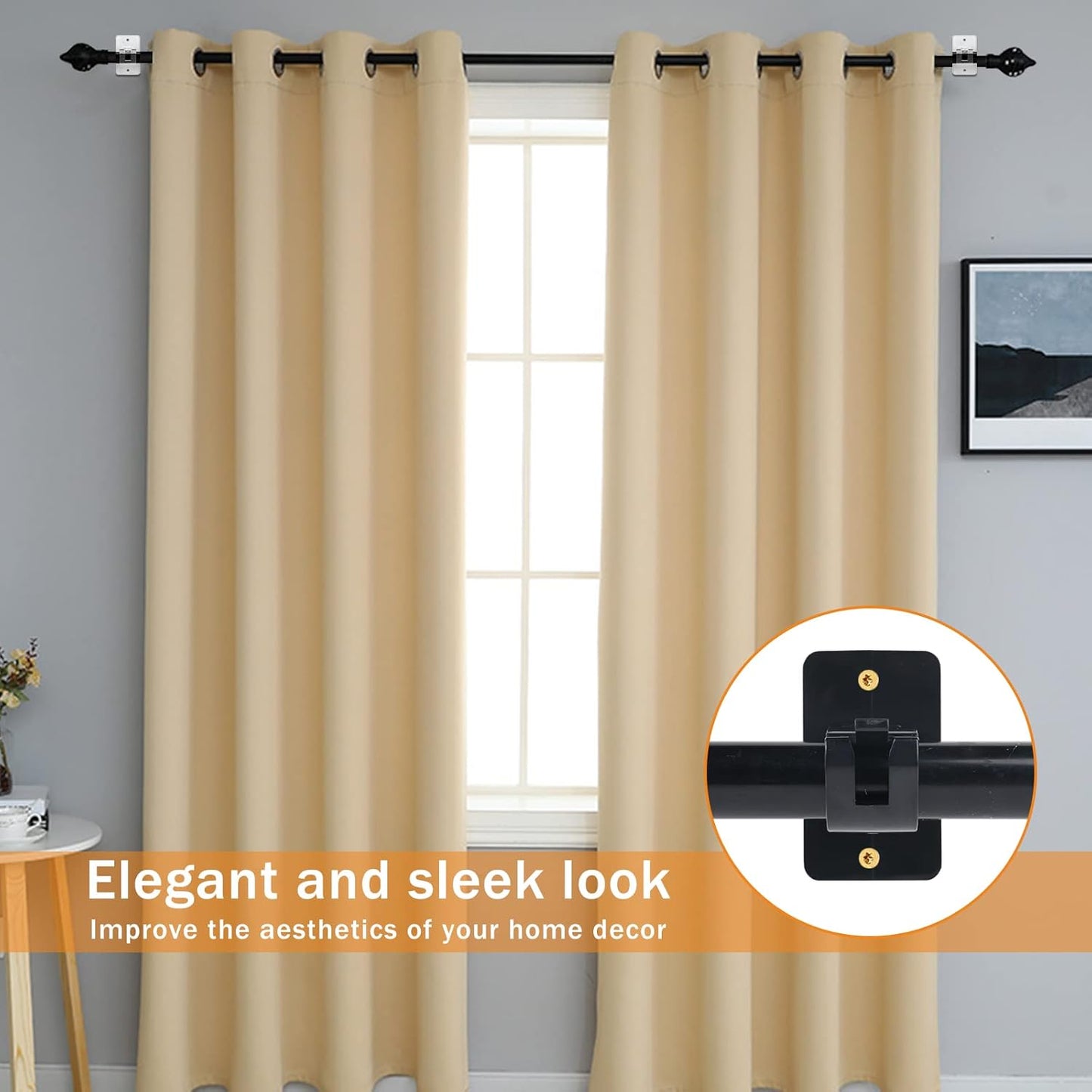 4Pcs Self-Adhesive Curtain Rod Clips, Universal Plastic Curtain Rod Clips, No Drilling,for C urtain Rods up to 40mm (Black) (Curtain Rod Not Included)