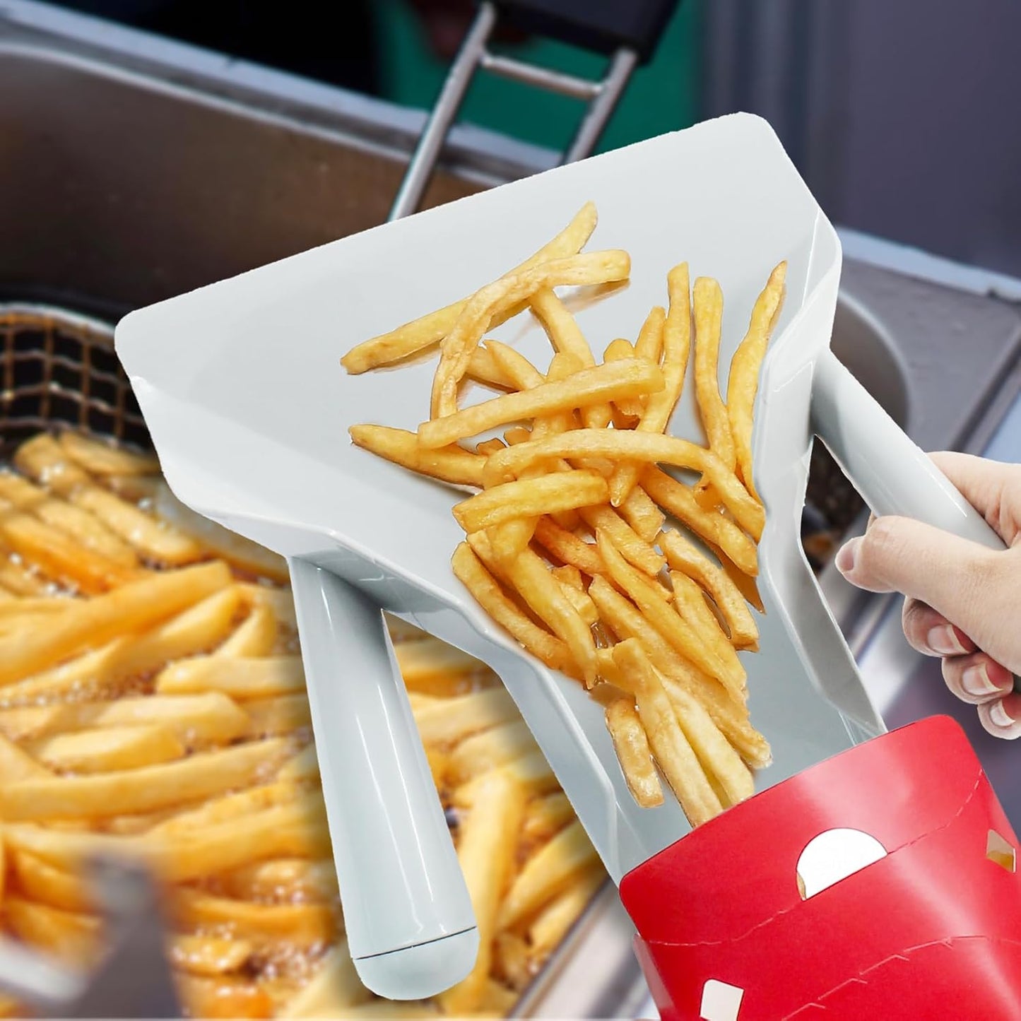 Biaungdo Polycarbonate French Fry Popcorn Scoop, French Fry Bagger, Quick Fill Tool for Bags & Boxes, Multipurpose Scooper for Food, Fries, Snacks, Desserts, Ice(Dual Handle)