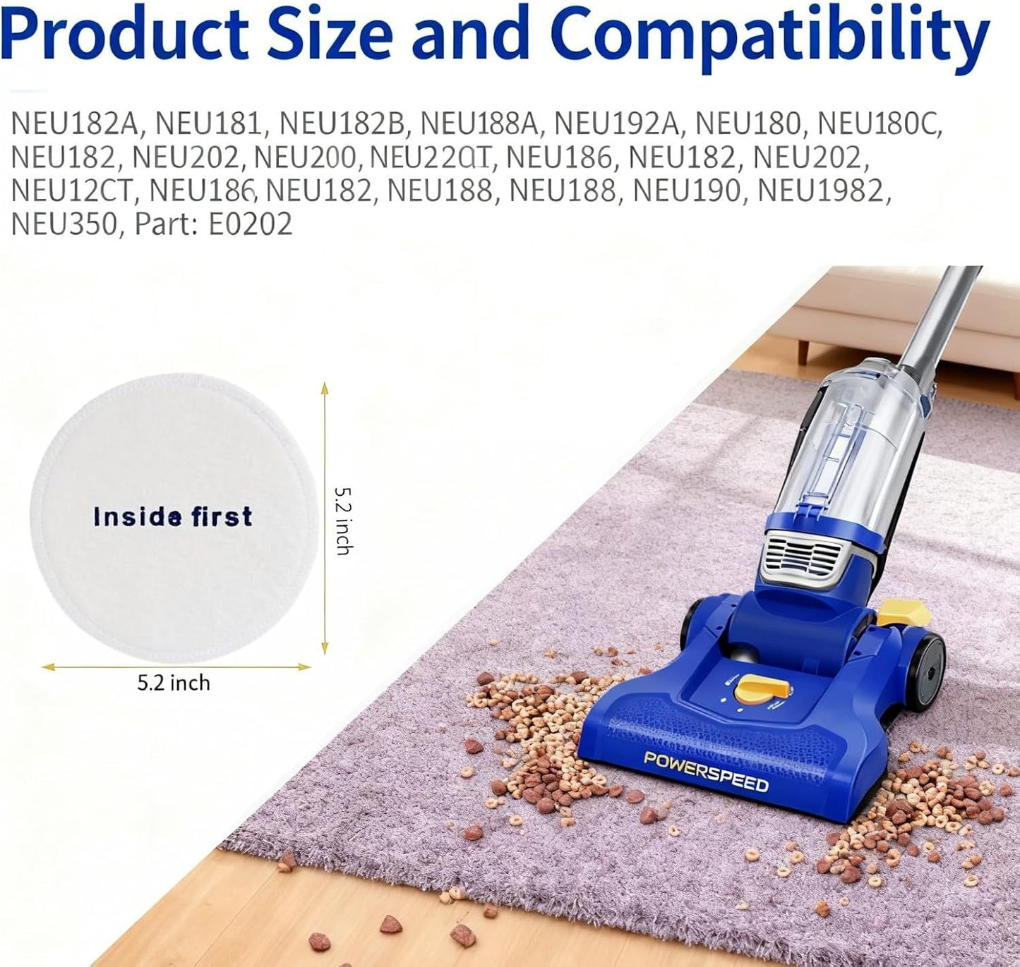 Power Speed ilters Replacement or Eureka NEU180, NEU181, NEU182A, NEU182B, NEU280, NEU188, NEU202 Bagless Upright Vacuum Cleaner, Part E0202，Vacuum ilter Great or Pet Hair/Odors, Dirt, Dust