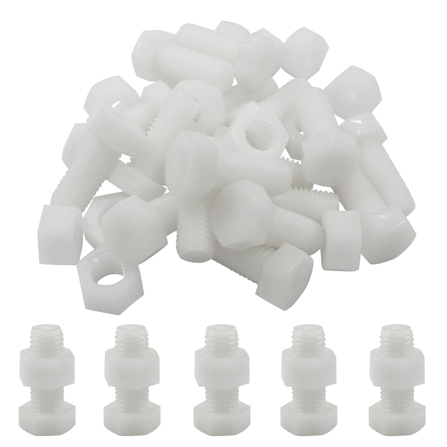 Biaungdo 20 Pair M12 x 30mm Nylon Hex Bolts, White Plastic Hex Bolts Full Thread Hex Head Screws and Nuts Set