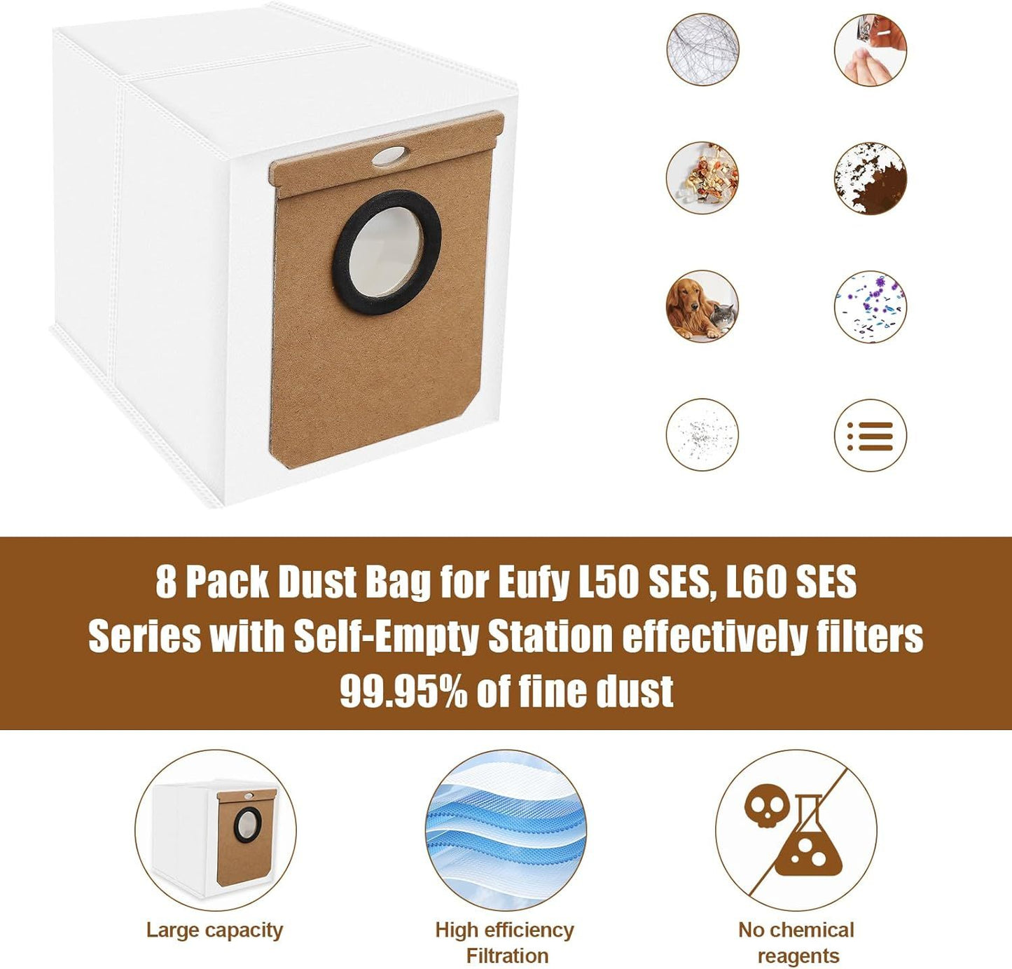 8 Pack Dust Bag or Euy L50 SES, L60 SES Series Robot Vacuum Cleaner with Sel-Empty Station,Replacement Parts Bags or Conga Home 10000, 8090 Ultra, 9090 AI, or Haier H9 + Dirt Disposal Bags