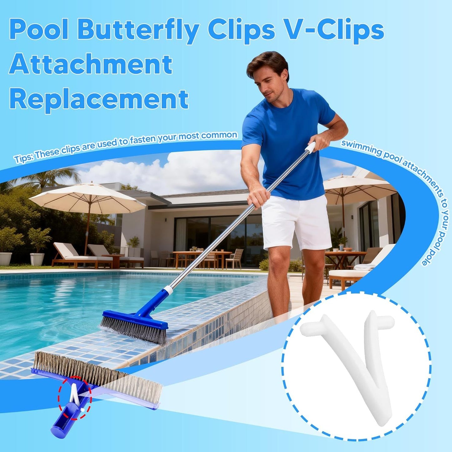 Pool Butterly Clips V-Clips Attachment Clips Replacement or Pool Spa Brush Lea Rake Lea Skimmer (24 Pack)