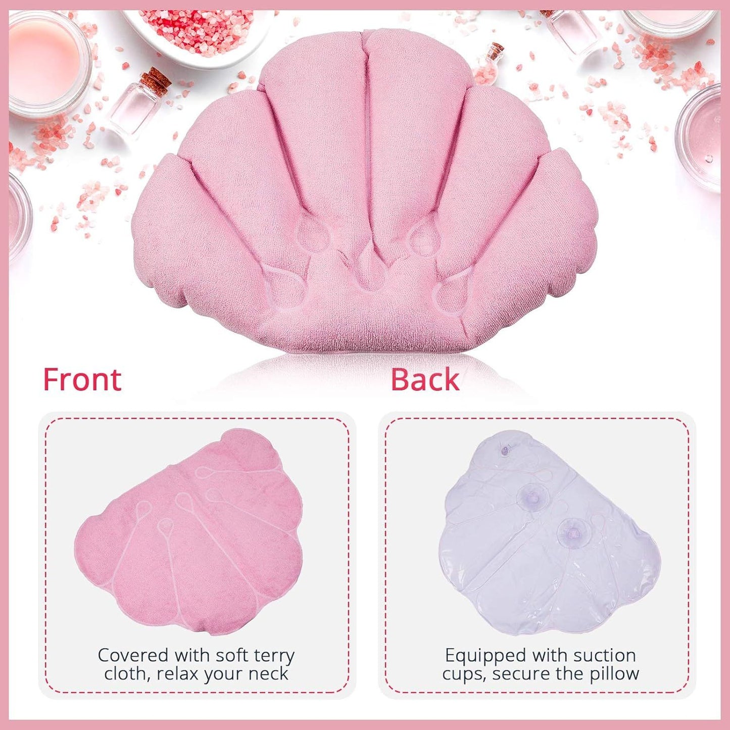 2 Pieces Inlatable Bath Pillow with Suction Cups, Terry Cloth Covered Bath Pillow Shell Shape Bathtub Spa Pillow Comortable Sot Bath Cushion, Neck Support or Bathtub, Hot Tub, Home Spa Tub