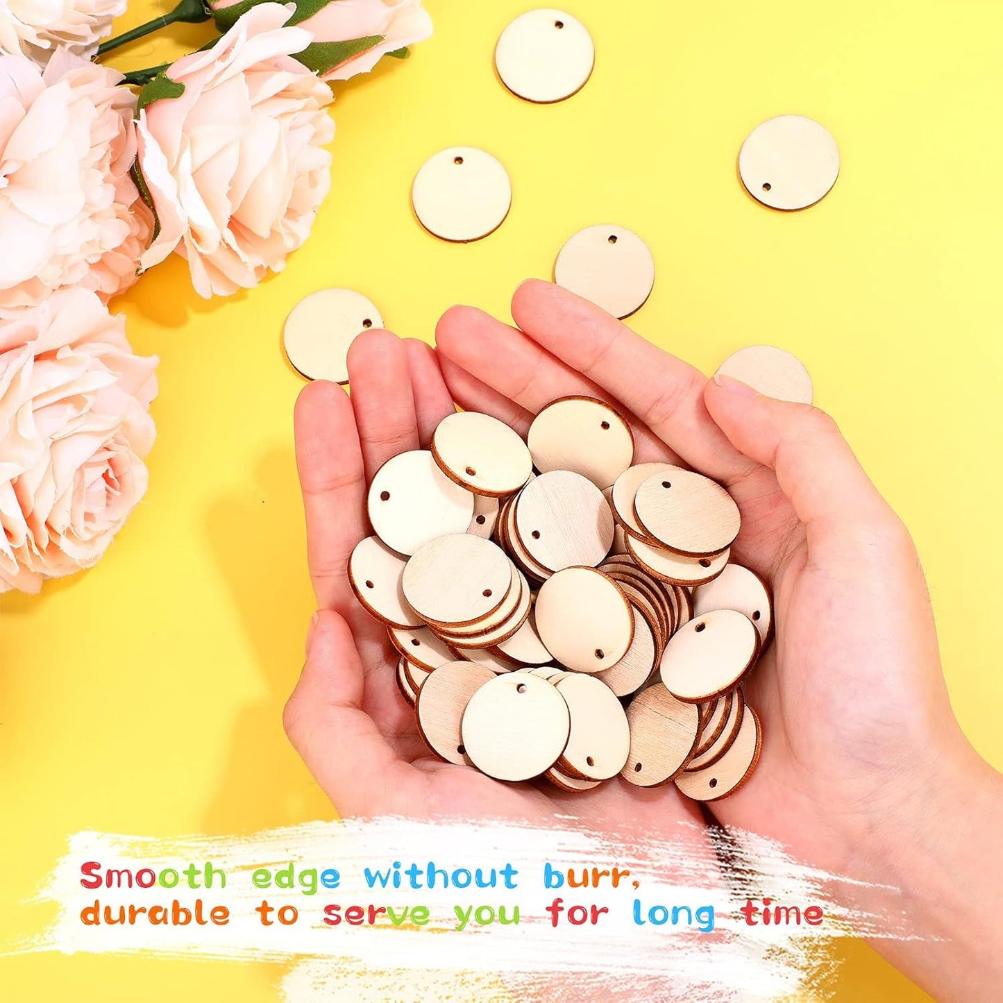 200 Pieces Uninished Blank Wood Circle Pendants Round Disc Circle Wood Pieces Round Wooden Disk with Hole Small Wooden Pendant or Crat Decoration Embellishment (Diameter 1 Inch, Aperture 0.08 Inch)