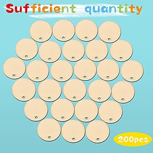 200 Pieces Uninished Blank Wood Circle Pendants Round Disc Circle Wood Pieces Round Wooden Disk with Hole Small Wooden Pendant or Crat Decoration Embellishment (Diameter 1 Inch, Aperture 0.08 Inch)
