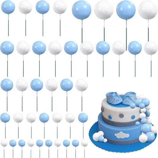 66 Pcs Ball Cake Topper Decorations Mini Balloon Sticks DIY Cake Picks Insert oam Balls or Graduation Wedding Party Birthday Decorating Supplies(Blue, White)