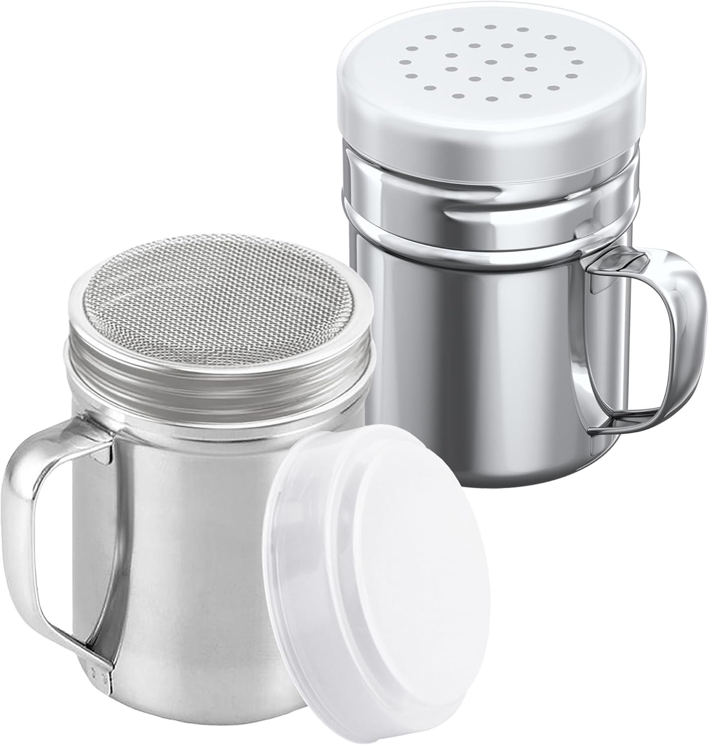 6 oz Powdered Sugar Shaker Duster + 6 oz Stainless Steel Salt Pepper Dredge Shaker - All with Plastic Caps and Handles Bundle