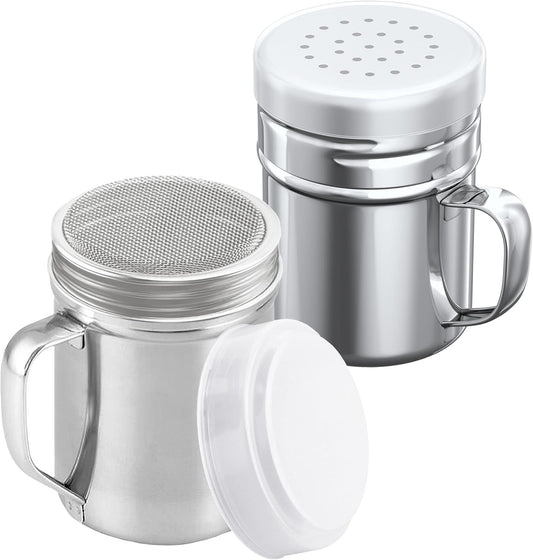 6 oz Powdered Sugar Shaker Duster + 6 oz Stainless Steel Salt Pepper Dredge Shaker - All with Plastic Caps and Handles Bundle