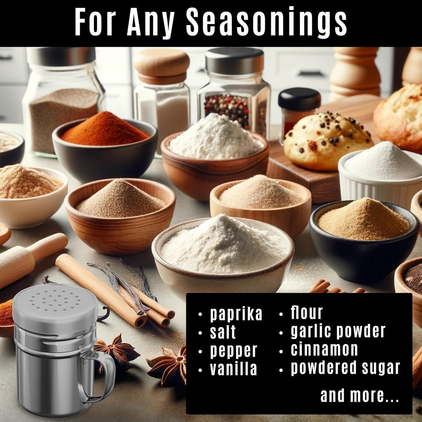 6 oz Powdered Sugar Shaker Duster + 6 oz Stainless Steel Salt Pepper Dredge Shaker - All with Plastic Caps and Handles Bundle