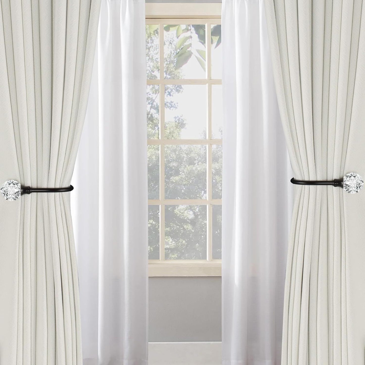 2 x Heavy Duty U Shaped Metal Curtain Holdbacks Curtain Tiebacks with Clear Crystal Ball Pull Backs Curtain Holders or Drapes (Black)