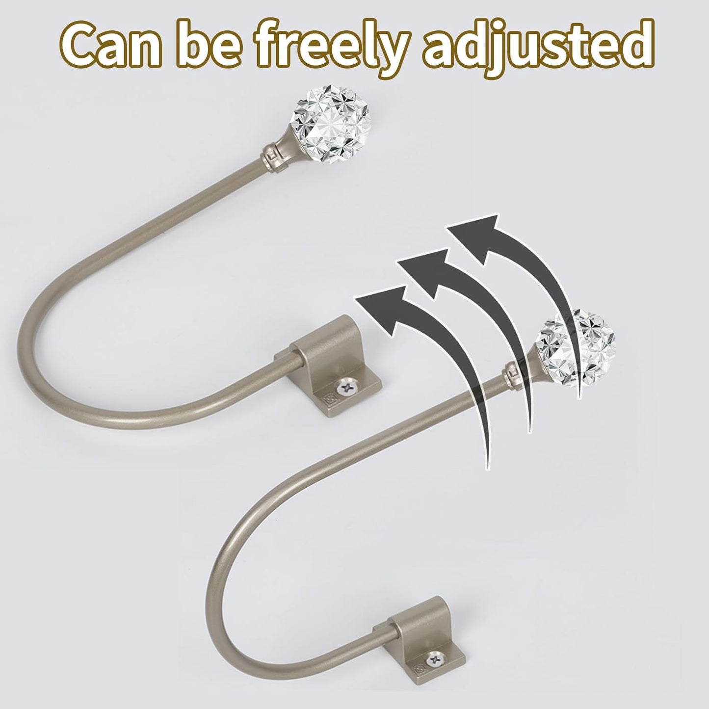 Upgraded Curtain Tiebacks Set o 2 - Wall Mounted Heavy Duty Adjustable Curtain Holdbacks or Heavy Curtains,U-Shaped Curtain Pull Backs with 180°lexible Angle (2, Silver with Crystal Ball)