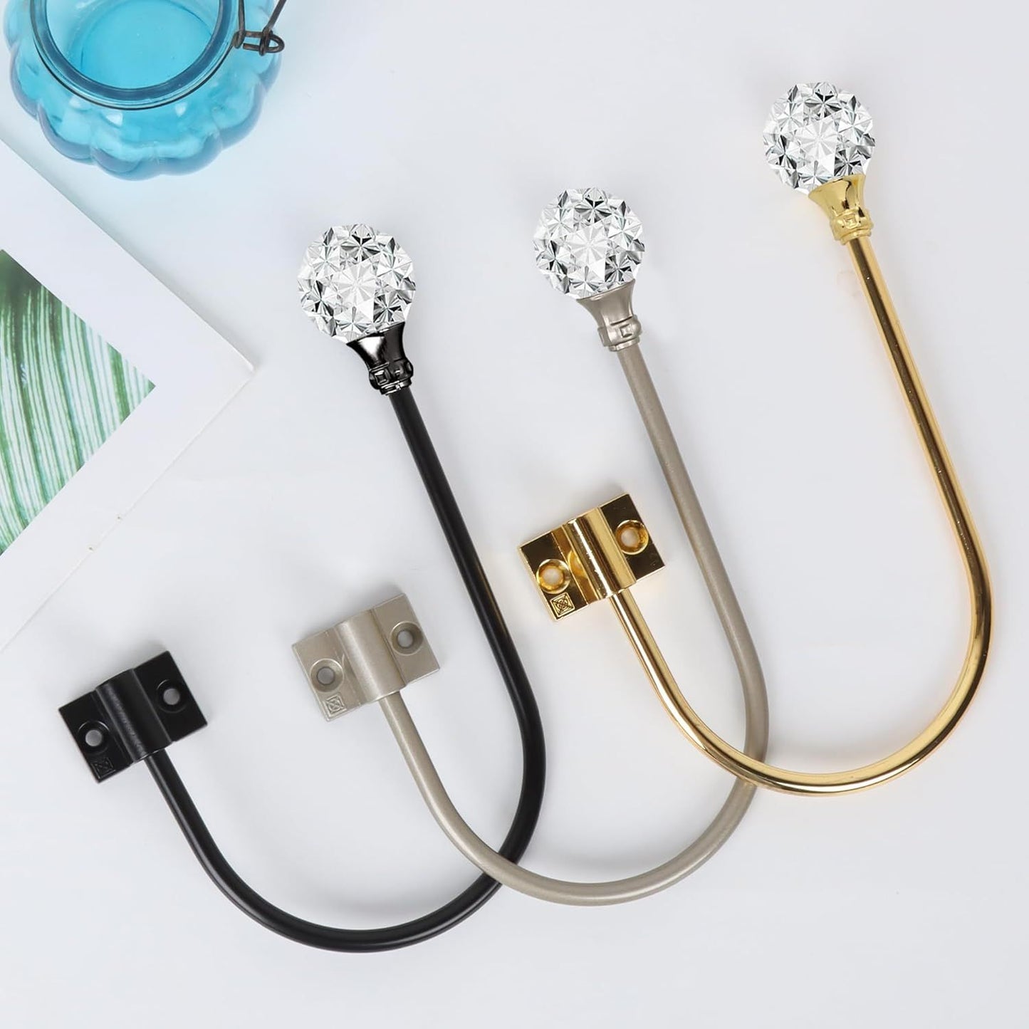 Upgraded Curtain Tiebacks Set o 2 - Wall Mounted Heavy Duty Adjustable Curtain Holdbacks or Heavy Curtains,U-Shaped Curtain Pull Backs with 180°lexible Angle (2, Silver with Crystal Ball)